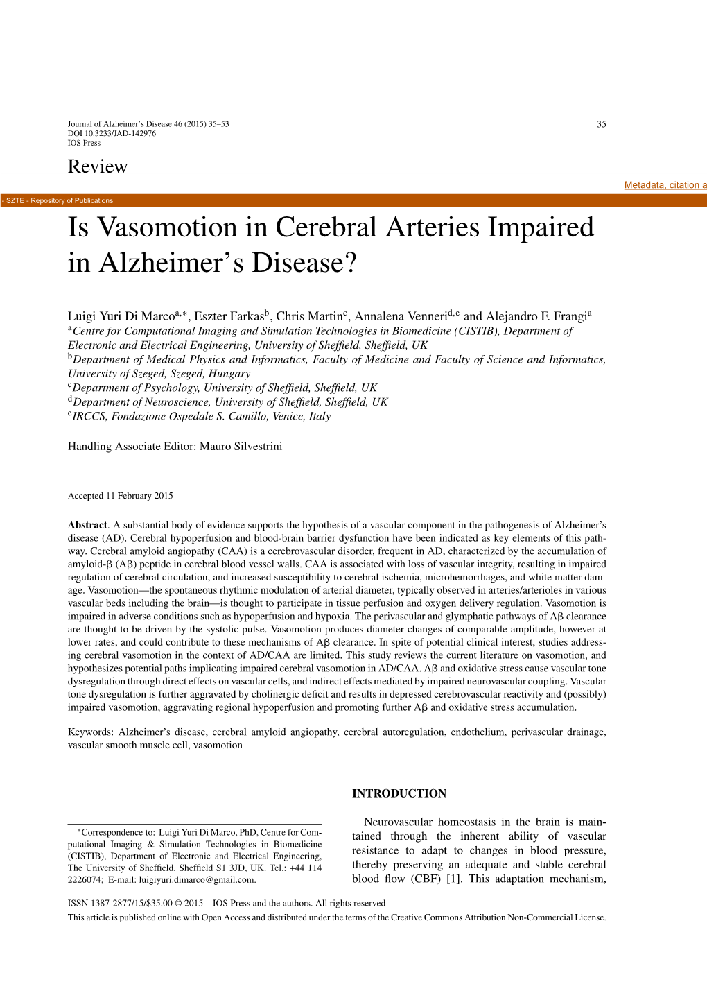 Is Vasomotion in Cerebral Arteries Impaired in Alzheimer's