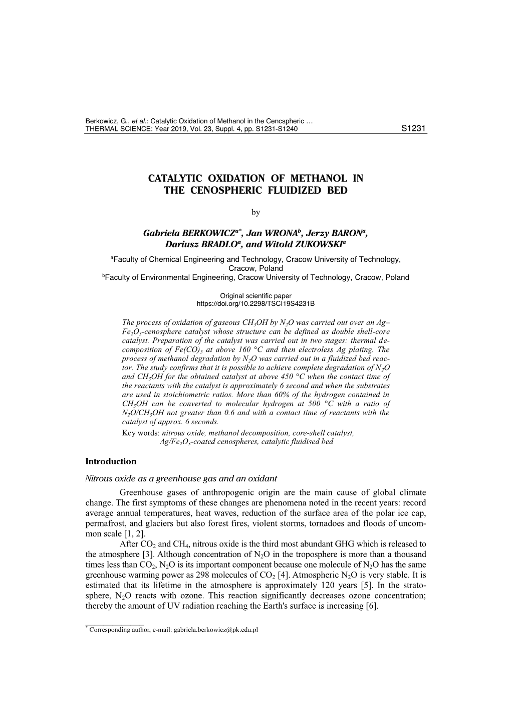 Catalytic Oxidation of Methanol in the Cencspheric … THERMAL SCIENCE: Year 2019, Vol