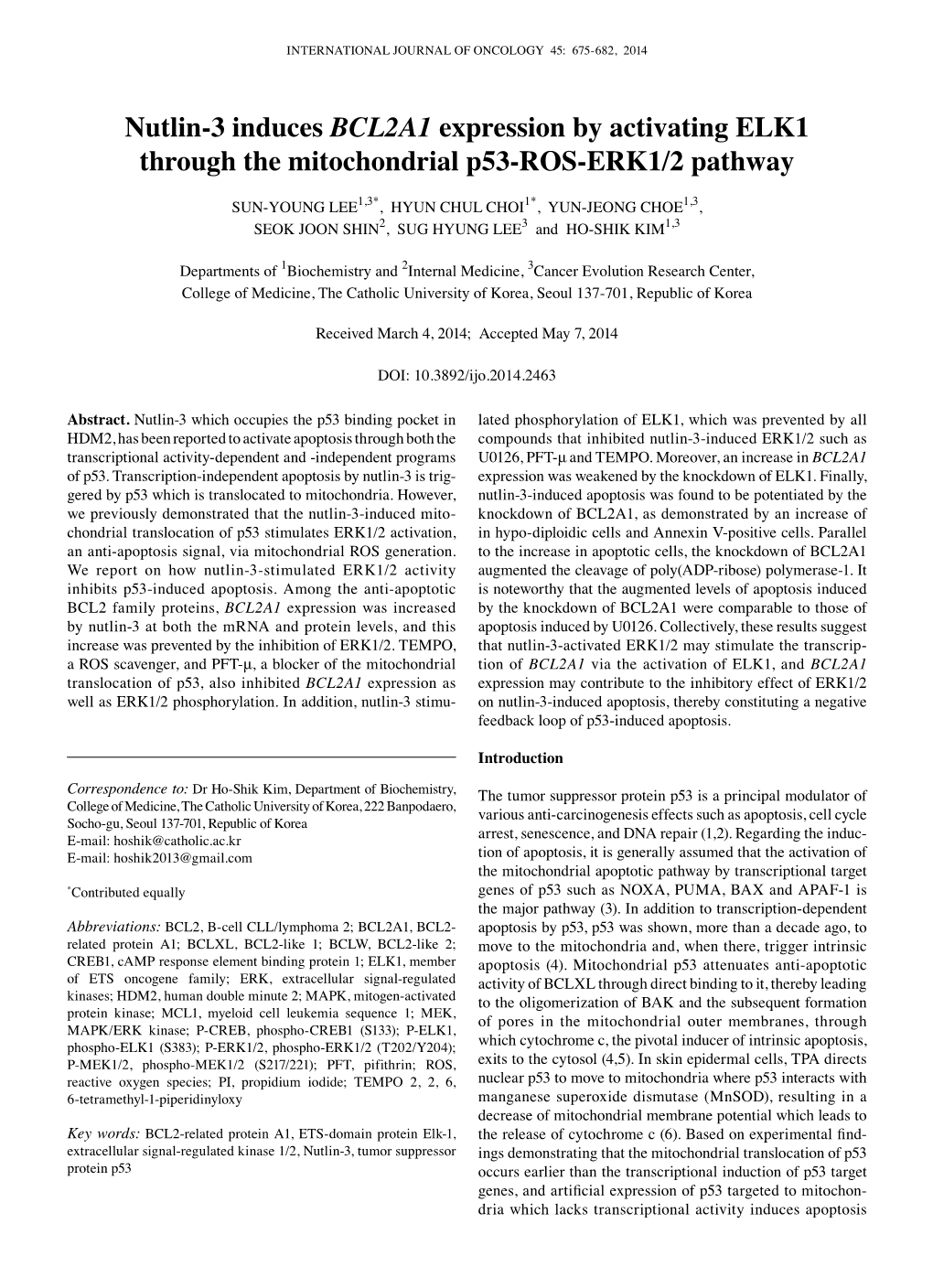 Nutlin-3 Induces BCL2A1 Expression by Activating ELK1 Through the Mitochondrial P53-ROS-ERK1/2 Pathway