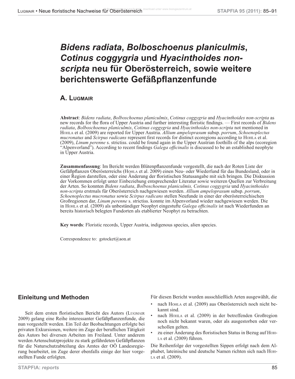 Bidens Radiata, Bolboschoenus Planiculmis, Cotinus Coggygria Und Hyacinthoides Non- Scripta Neu Für Oberösterreich, Sowie Weitere Berichtenswerte Gefäßpflanzenfunde