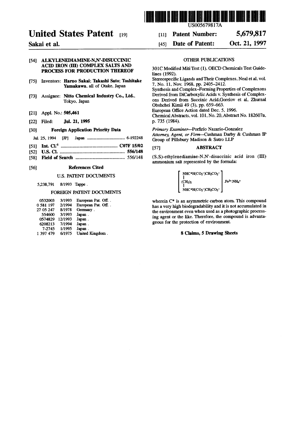 United States Patent (19) 11 Patent Number: 5,679,817 Sakai Et Al