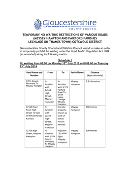 Temporary No Waiting Restrictions of Various Roads (Meysey Hampton and Fairford Parishes Lechlade on Thames Town) Cotswold District