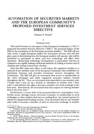Automation of Securities Markets and the European Community's Proposed Investment Services Directive