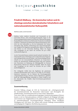M. Loeber, J. Sachweh: Friedrich Walburg – Ein Bremischer Lehrer Und Archäologe Zwischen Demokratischer Schulreform Und Nationalsozialistischer Kulturpolitik