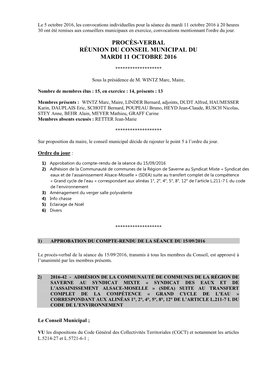 Procès-Verbal Réunion Du Conseil Municipal Du Mardi 11 Octobre 2016