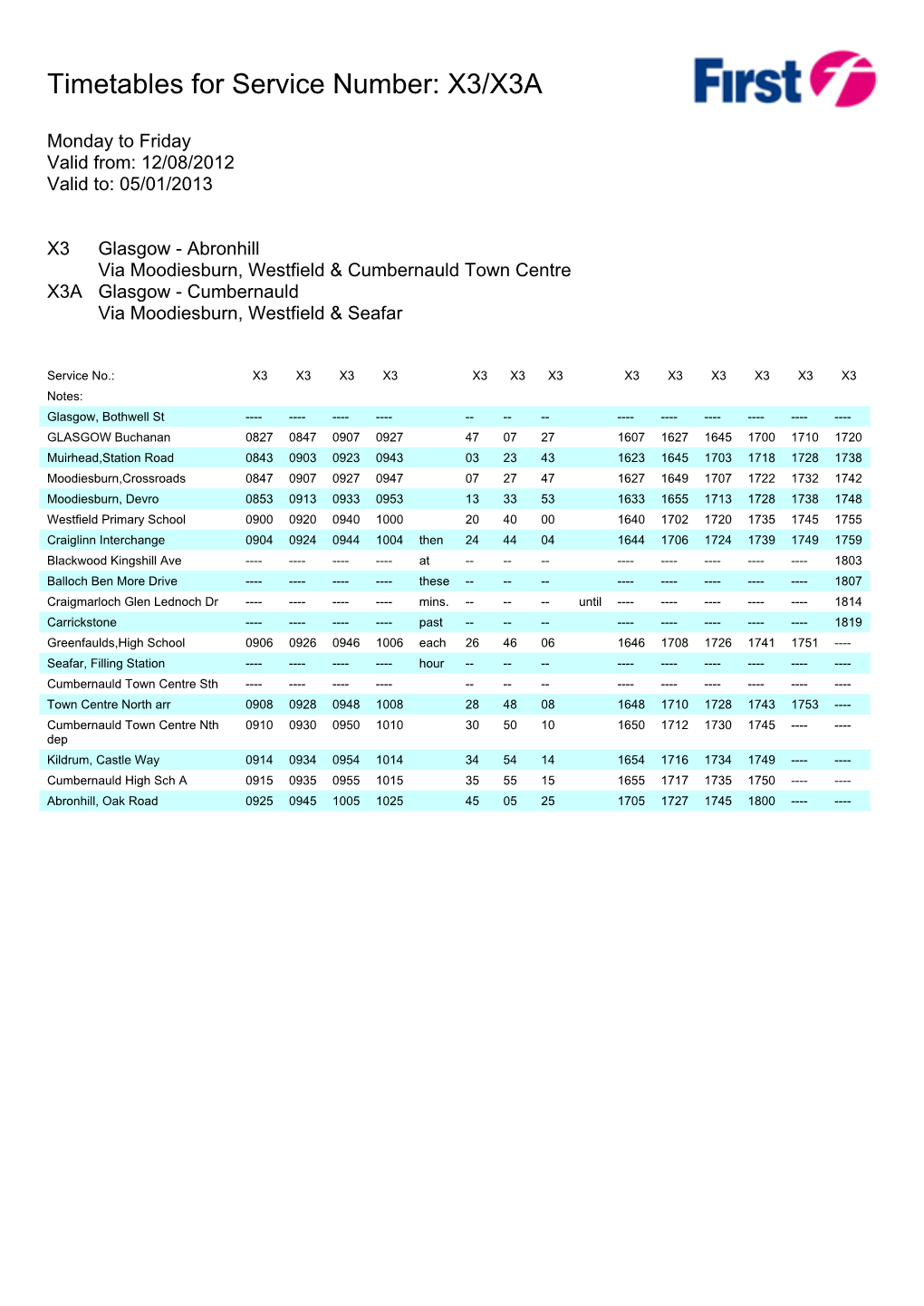 Timetables for Service Number: X3/X3A