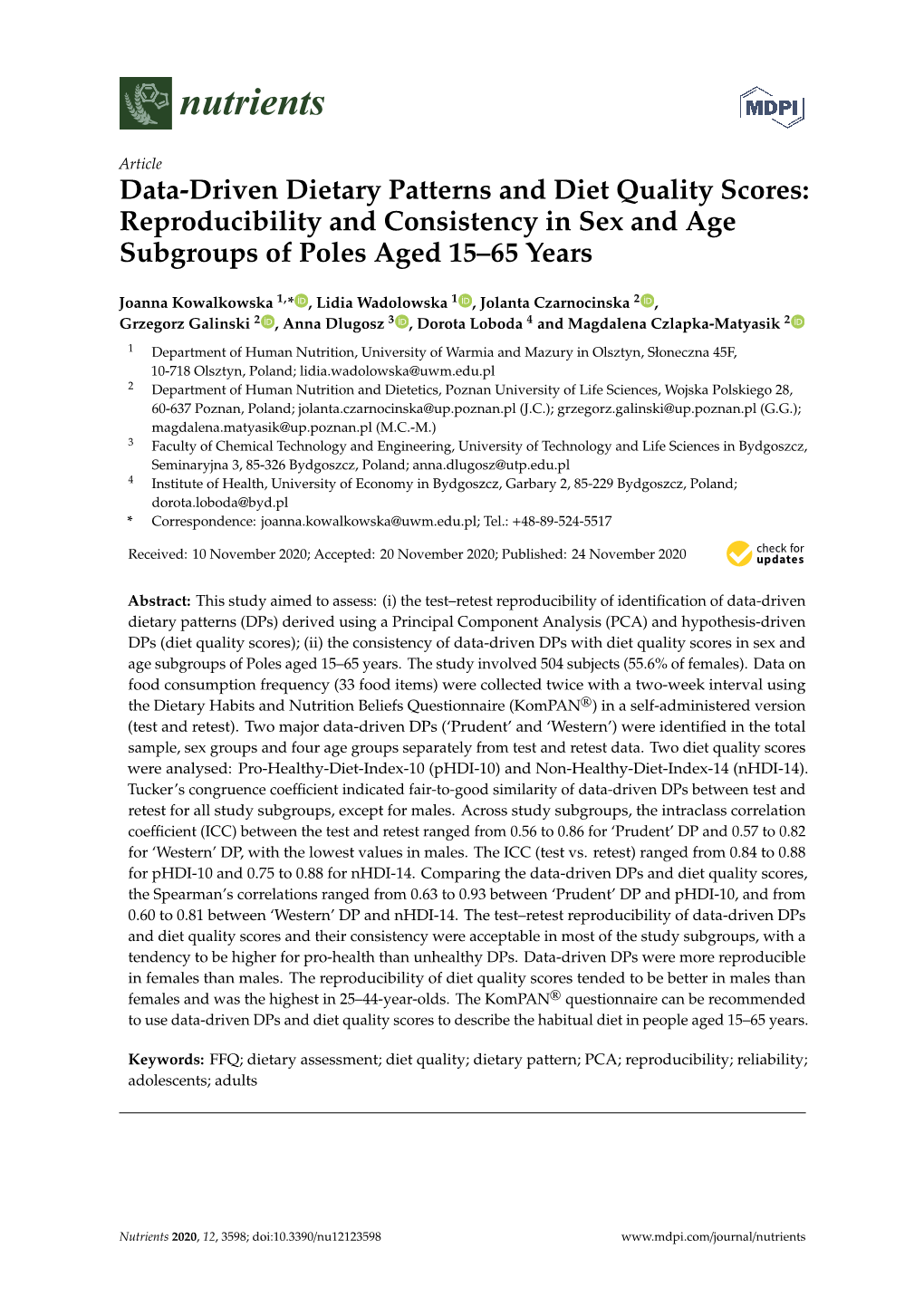 Data-Driven Dietary Patterns and Diet Quality Scores: Reproducibility and Consistency in Sex and Age Subgroups of Poles Aged 15–65 Years