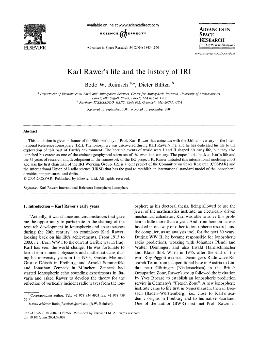 Karl Rawer's Life and the History of IRI