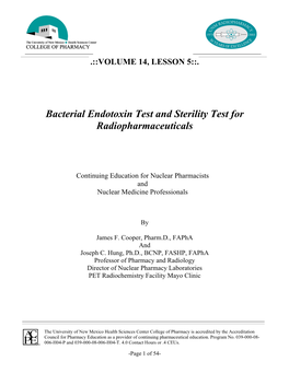 Bacterial Endotoxin Test and Sterility Test for Radiopharmaceuticals