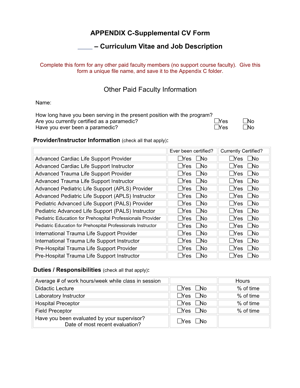 Curriculum Vitae and Job Description