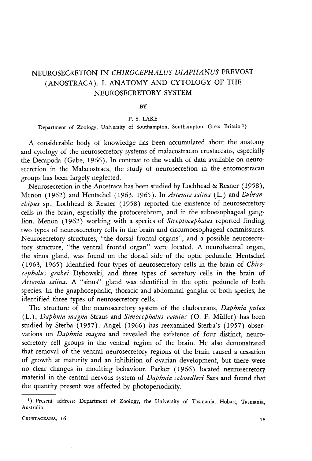 Neurosecretion in Chirocephalus Diaphanus Prevost the (Anostraca)