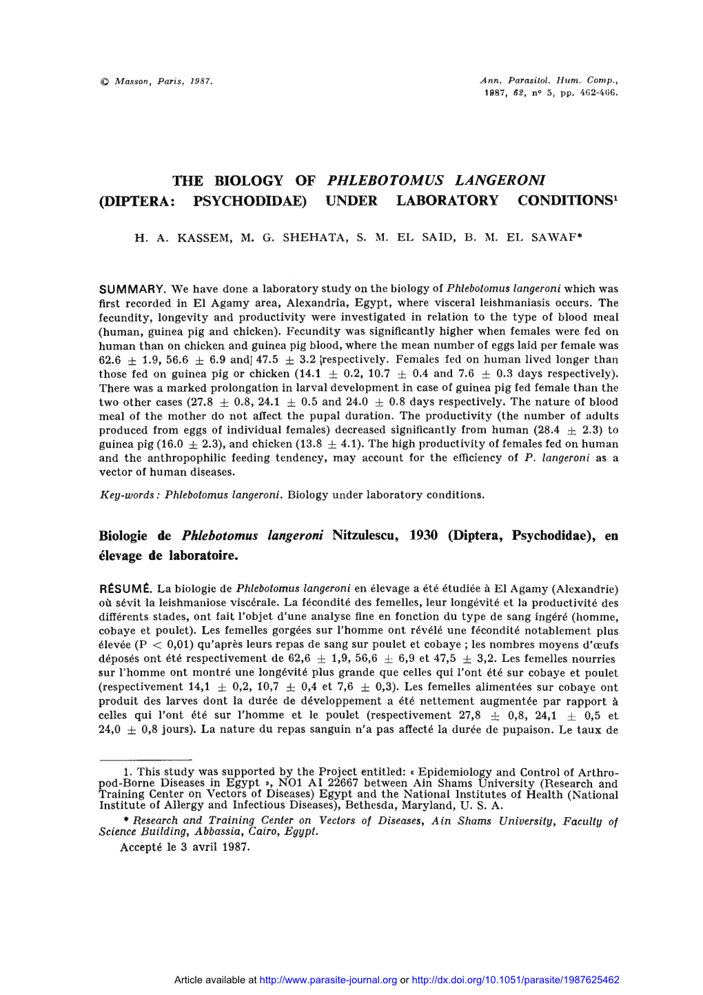 The Biology of Phlebotomus Langeroni (Diptera : Psychodidae)