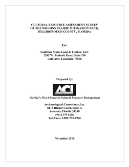 Cultural Resource Assessment Survey of the Wiggins Prairie Mitigation Bank, Hillsborough County, Florida