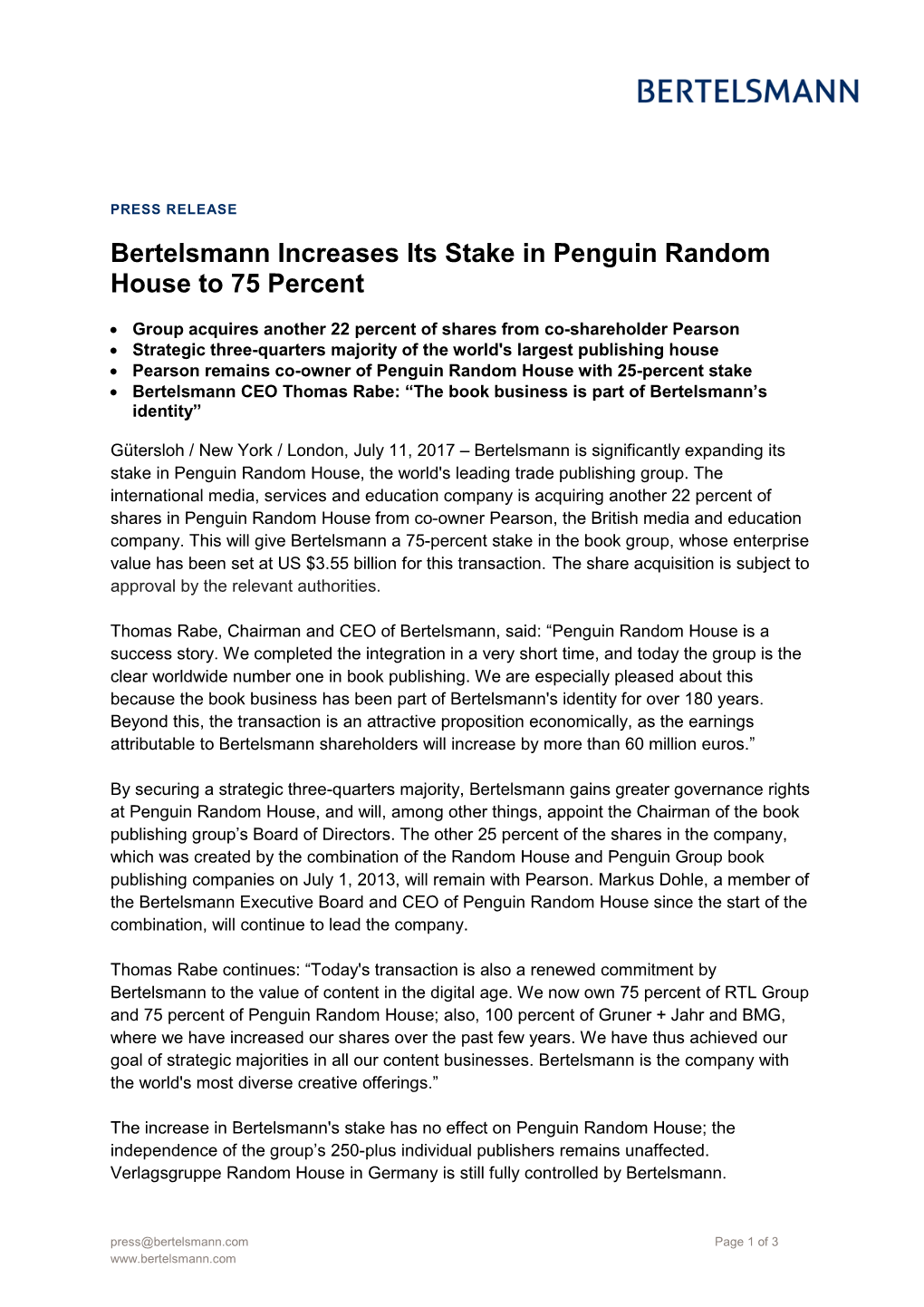 Bertelsmann Increases Its Stake in Penguin Random House to 75 Percent