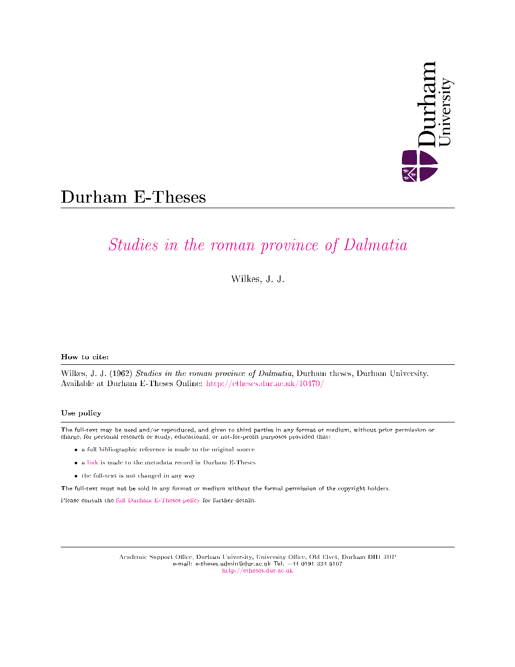 Studies in the Roman Province of Dalmatia