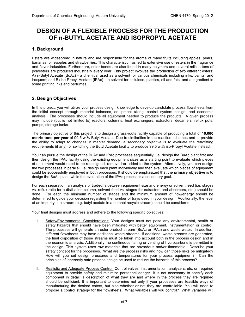 DESIGN of a FLEXIBLE PROCESS for the PRODUCTION of N-BUTYL ACETATE and ISOPROPYL ACETATE