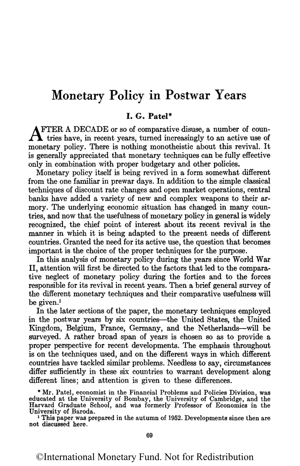 Monetary Policy in Postwar Years