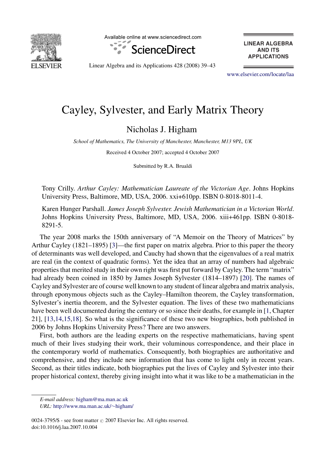 Cayley, Sylvester, and Early Matrix Theory