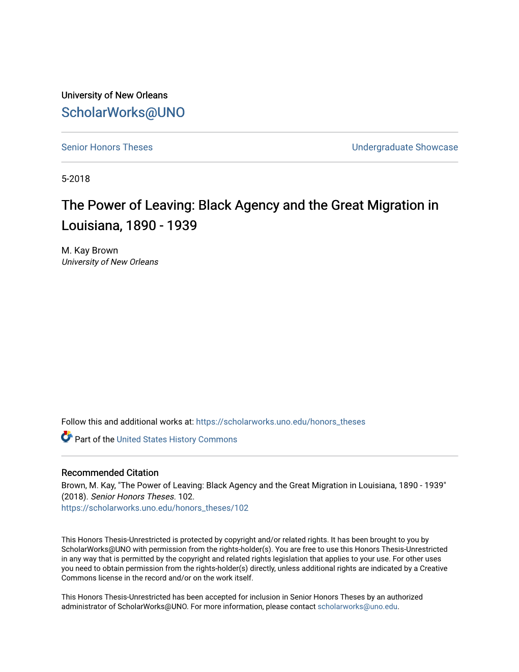 Black Agency and the Great Migration in Louisiana, 1890 - 1939