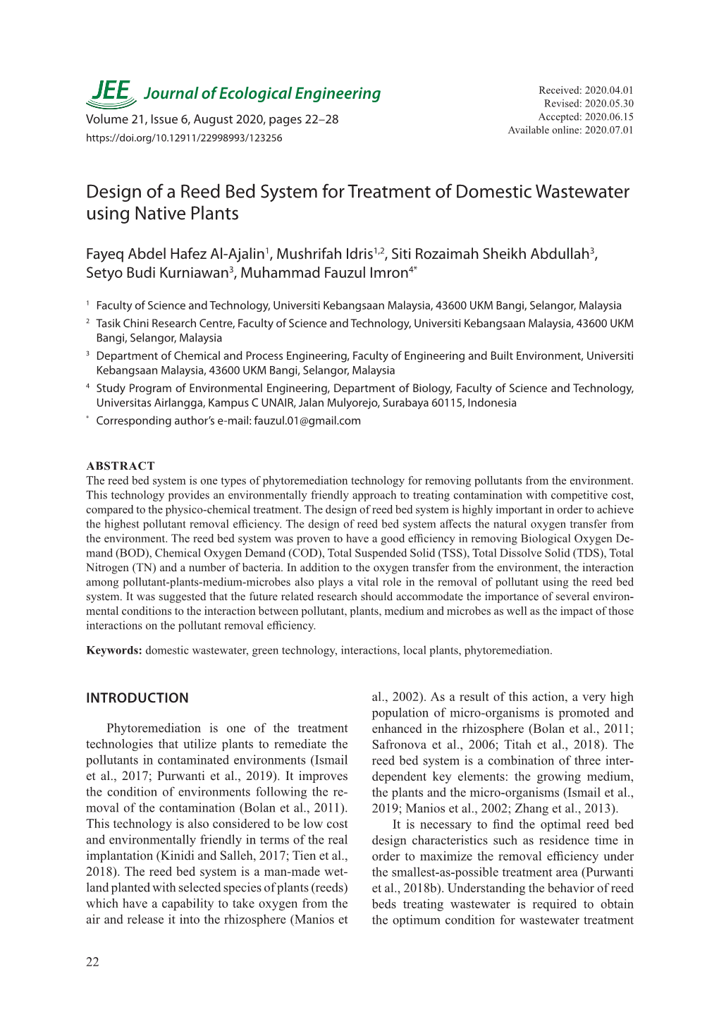 Design of a Reed Bed System for Treatment of Domestic Wastewater Using Native Plants