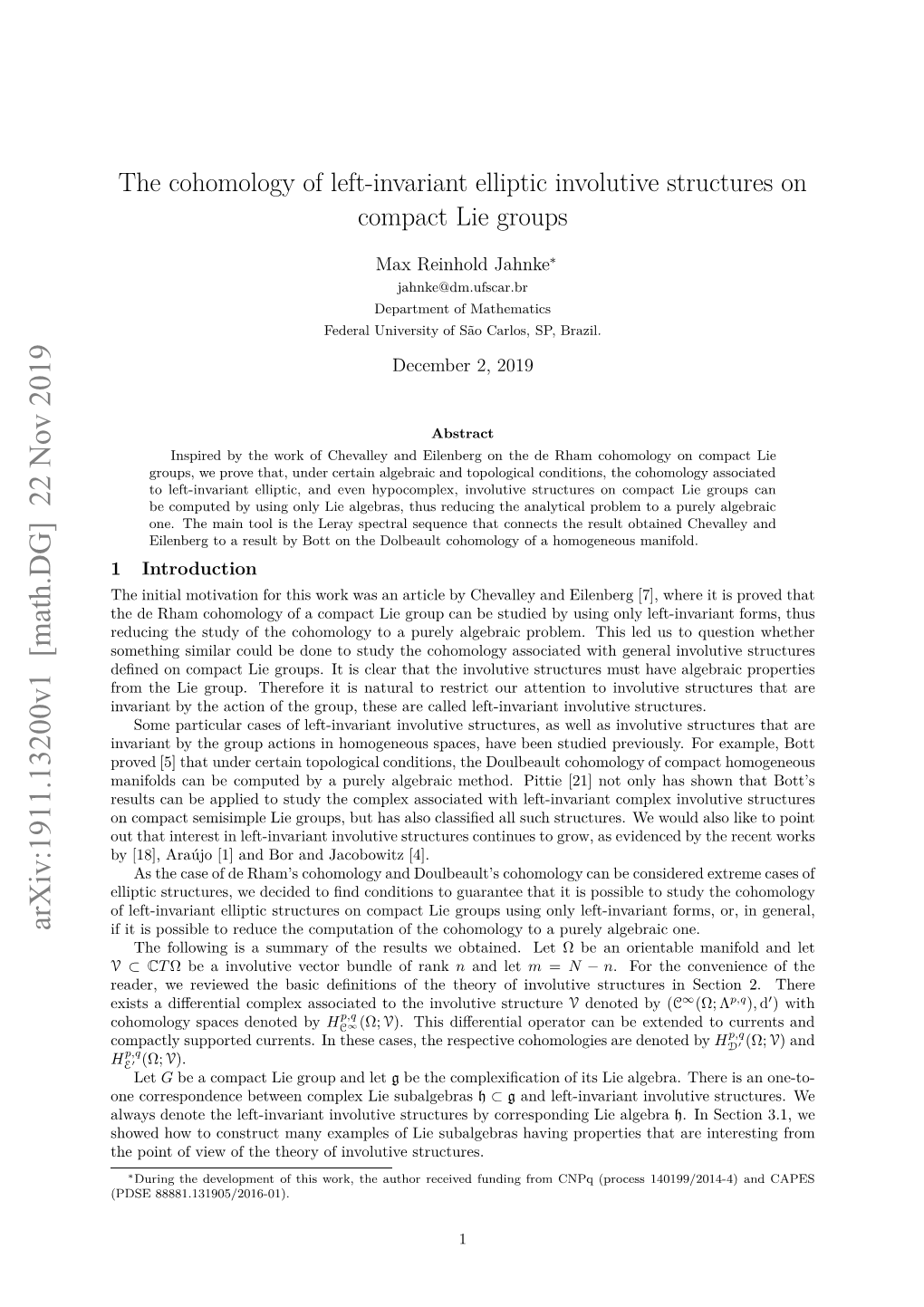 The Cohomology of Left-Invariant Elliptic Involutive Structures On