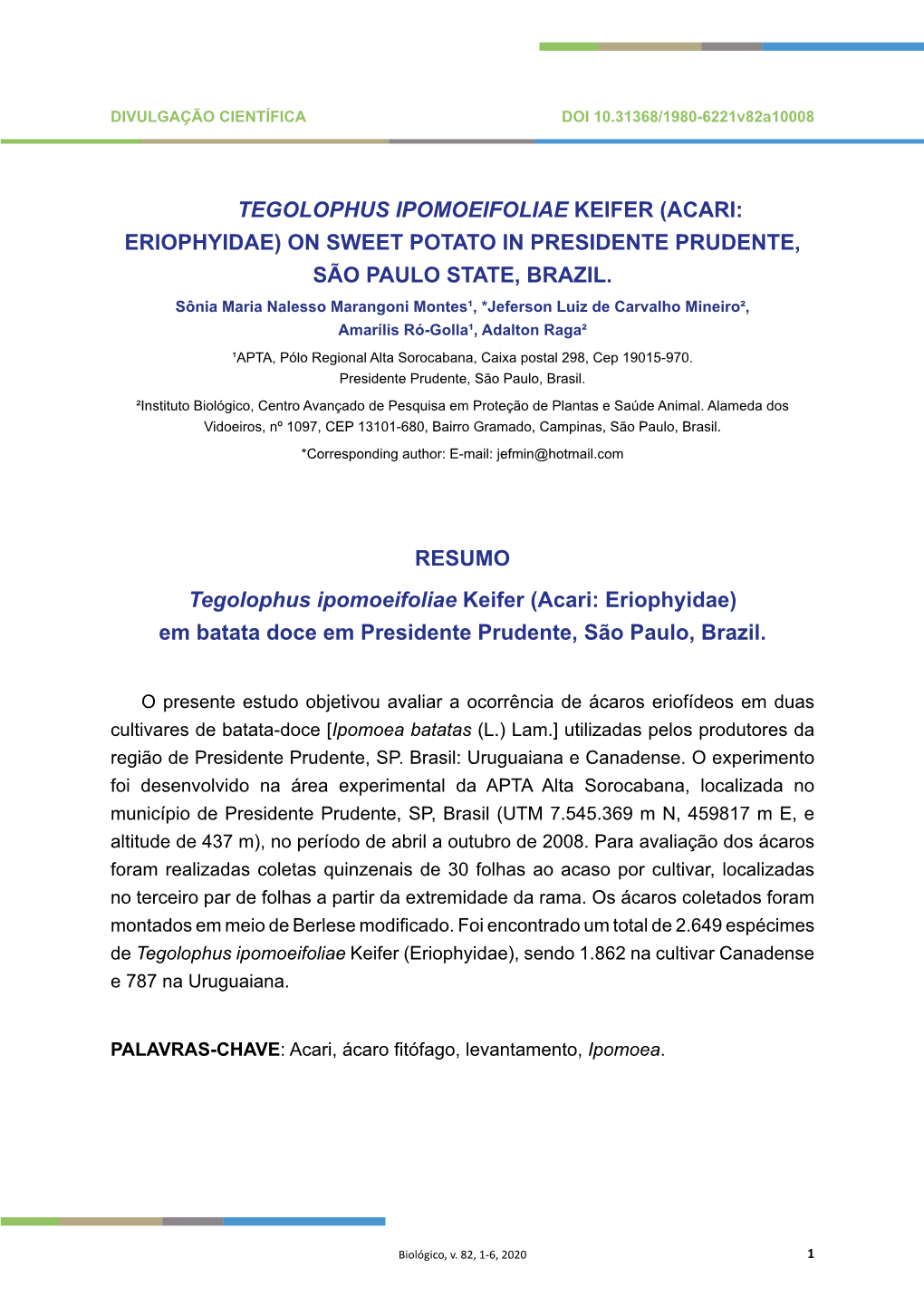 Acari: Eriophyidae) on Sweet Potato in Presidente Prudente, São Paulo State, Brazil
