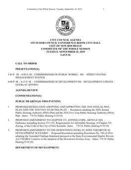 Agenda 1St Floor Council Conference Room, City Hall City of New Rochelle Committee of the Whole Session Tuesday, September 10, 2019 3:45 P.M