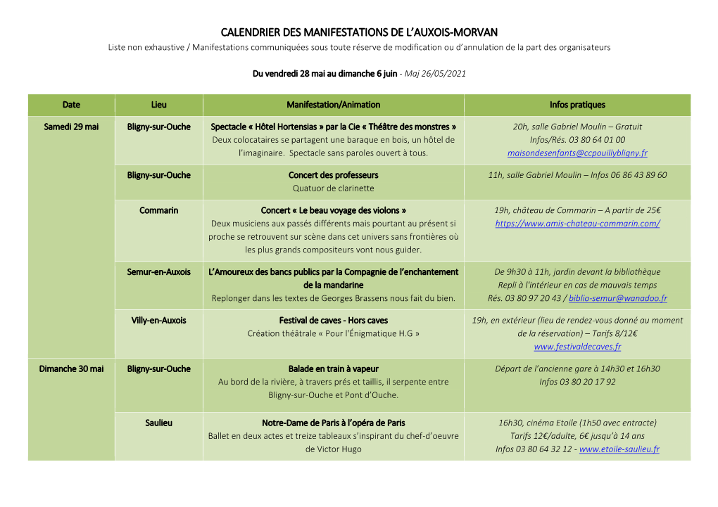 Calendrier Des Manifestations De L'auxois