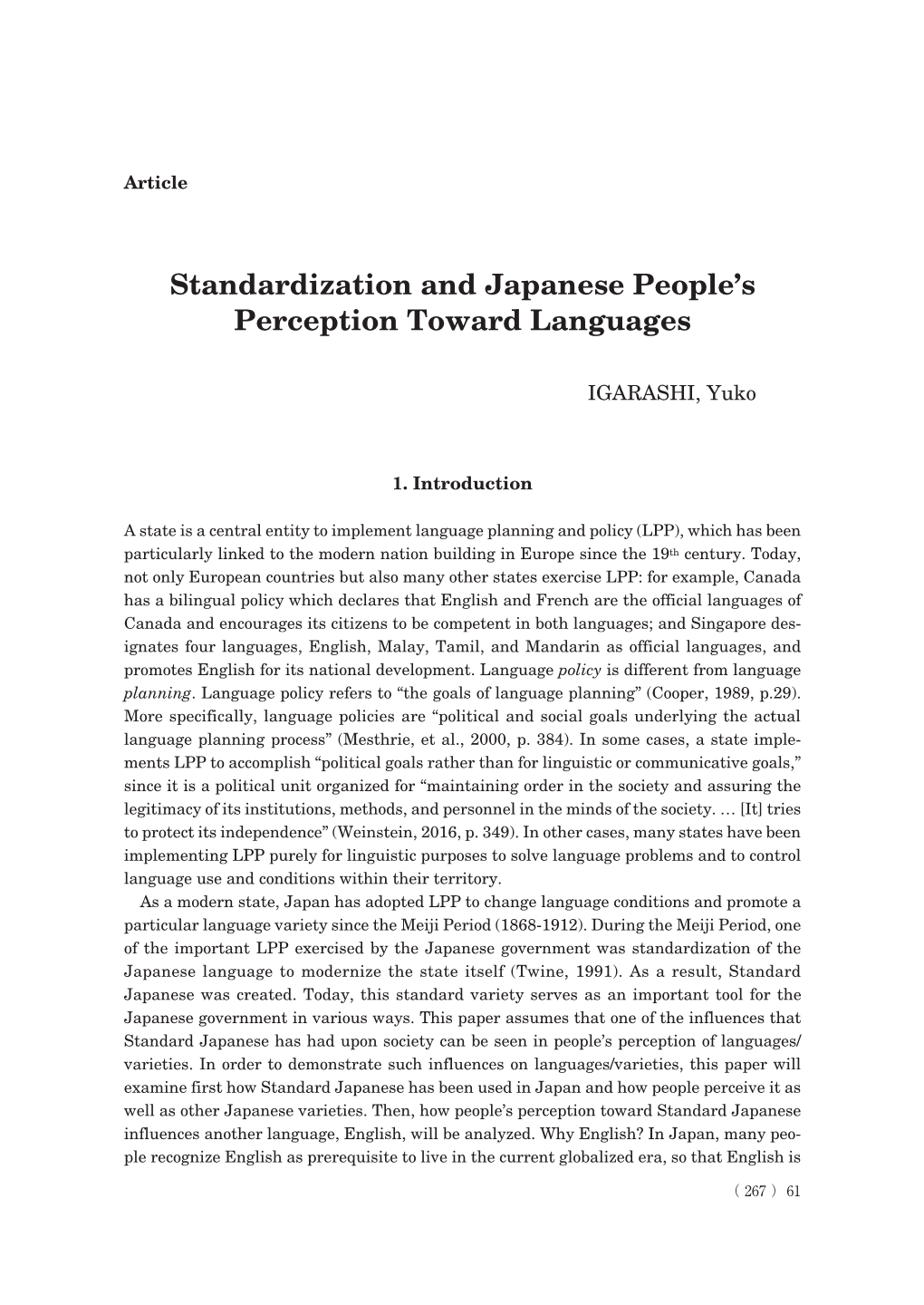 Standardization and Japanese People's Perception Toward