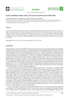 Early Land Plants Today: Index of Liverworts & Hornworts 2015–2016