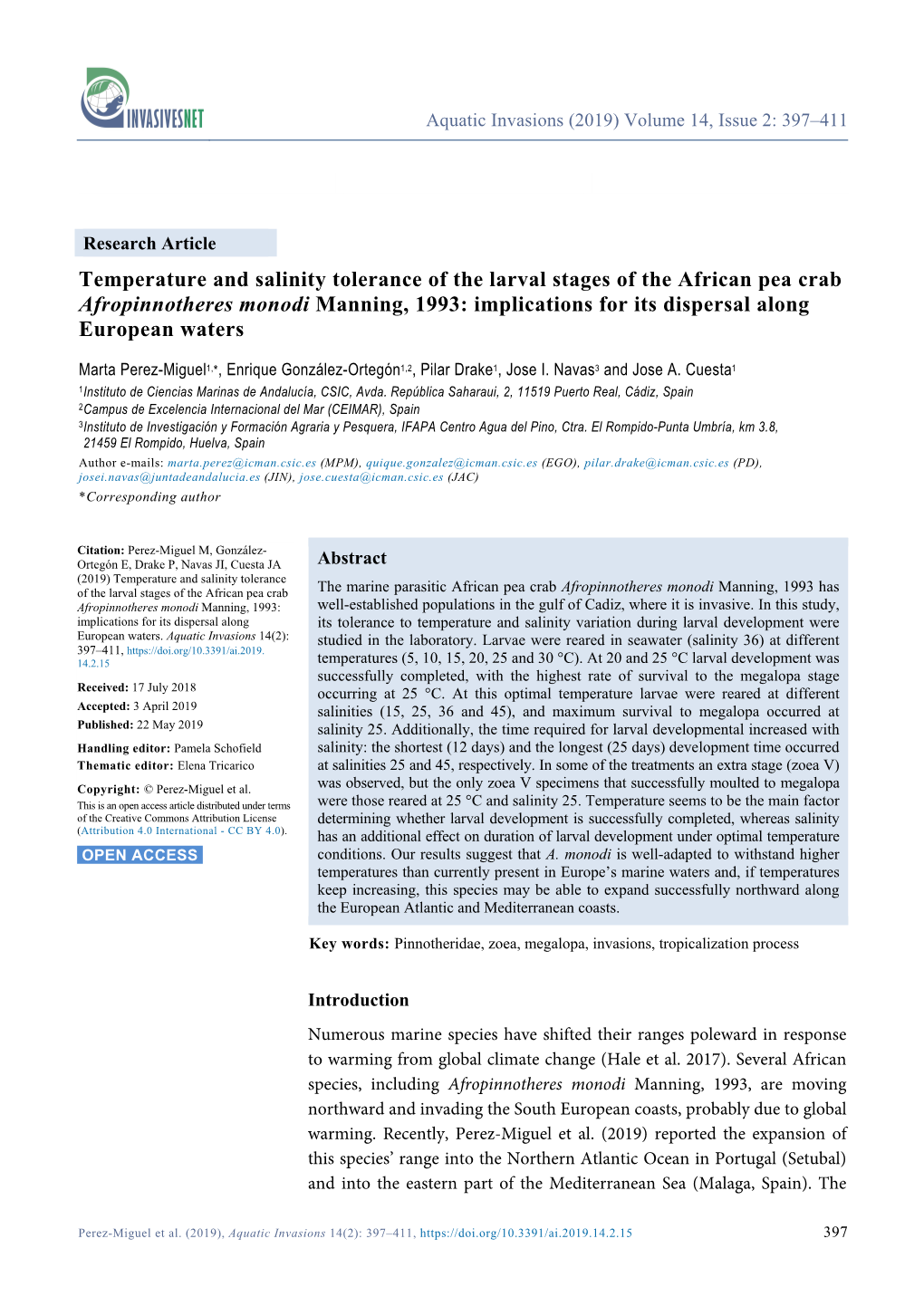 Temperature and Salinity Tolerance of the Larval Stages