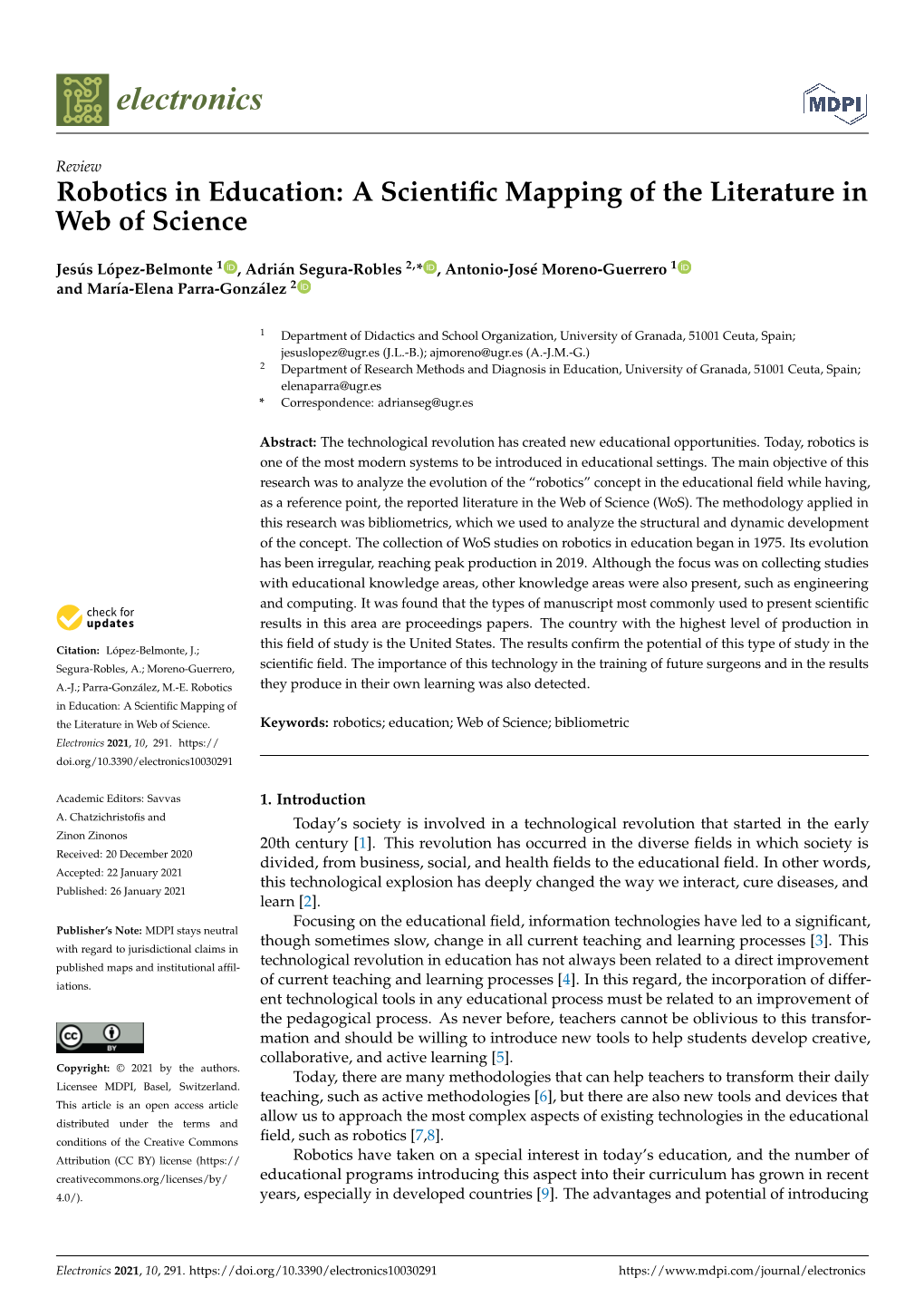 Robotics in Education: a Scientific Mapping of the Literature In