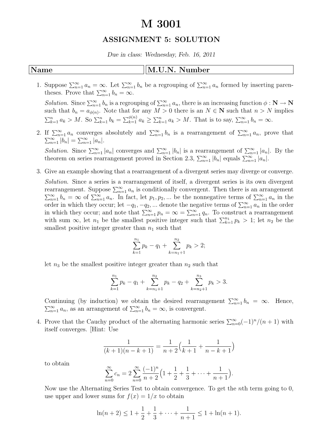 M 3001 Assignment 5: Solution