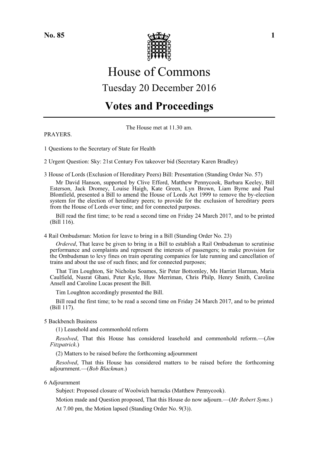 House of Commons Tuesday 20 December 2016 Votes and Proceedings