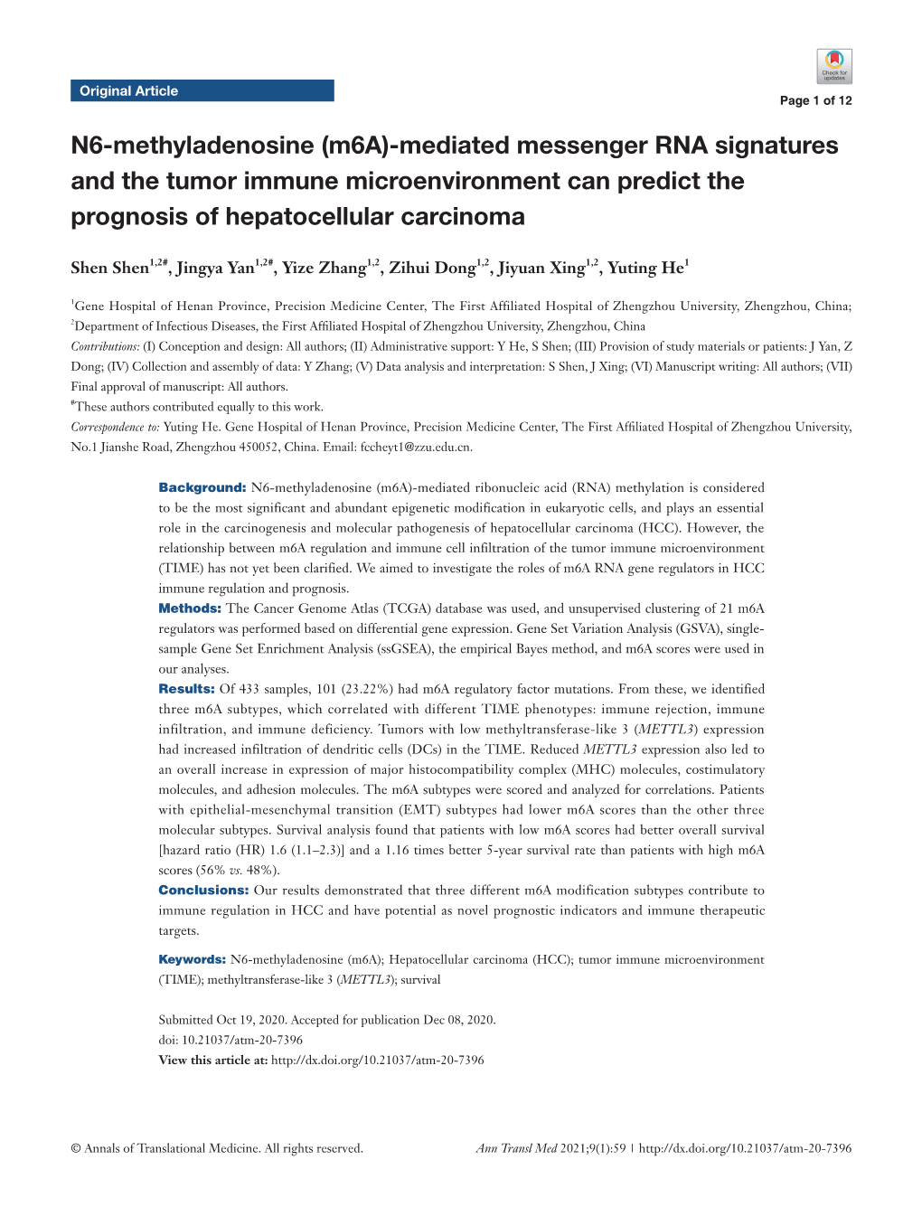 N6-Methyladenosine (M6a)-Mediated Messenger RNA Signatures and the Tumor Immune Microenvironment Can Predict the Prognosis of Hepatocellular Carcinoma