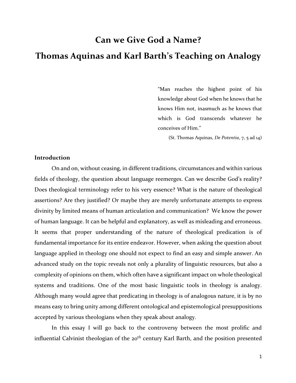 Thomas Aquinas and Karl Barth's Teaching on Analogy