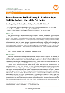 Determination of Residual Strength of Soils for Slope Stability Analysis: State of the Art Review