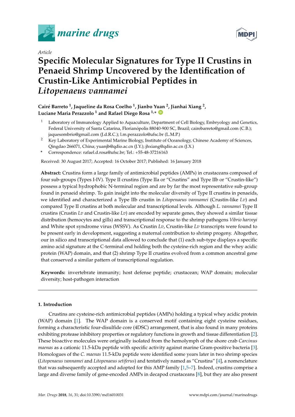 Specific Molecular Signatures for Type II Crustins in Penaeid Shrimp