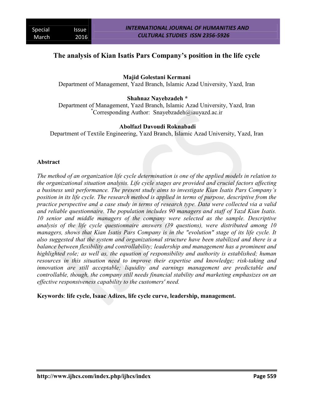 The Analysis of Kian Isatis Pars Company's Position in the Life Cycle