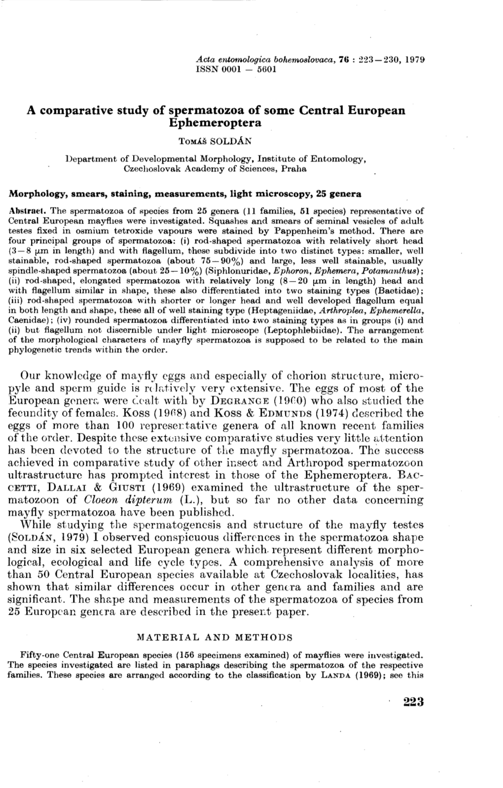 A Comparative Study of Spermatozoa of Some Central European