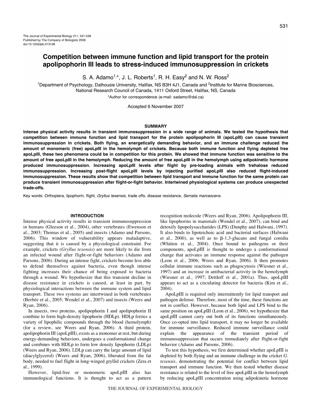 Competition Between Immune Function and Lipid Transport for the Protein Apolipophorin III Leads to Stress-Induced Immunosuppression in Crickets