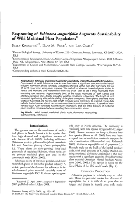 Resprouting of Echinacea Angustifolia Augments Sustainability of Wild Medicinal Plant Populations SOURCE: Econ Bot 62 No2 Jl 2008