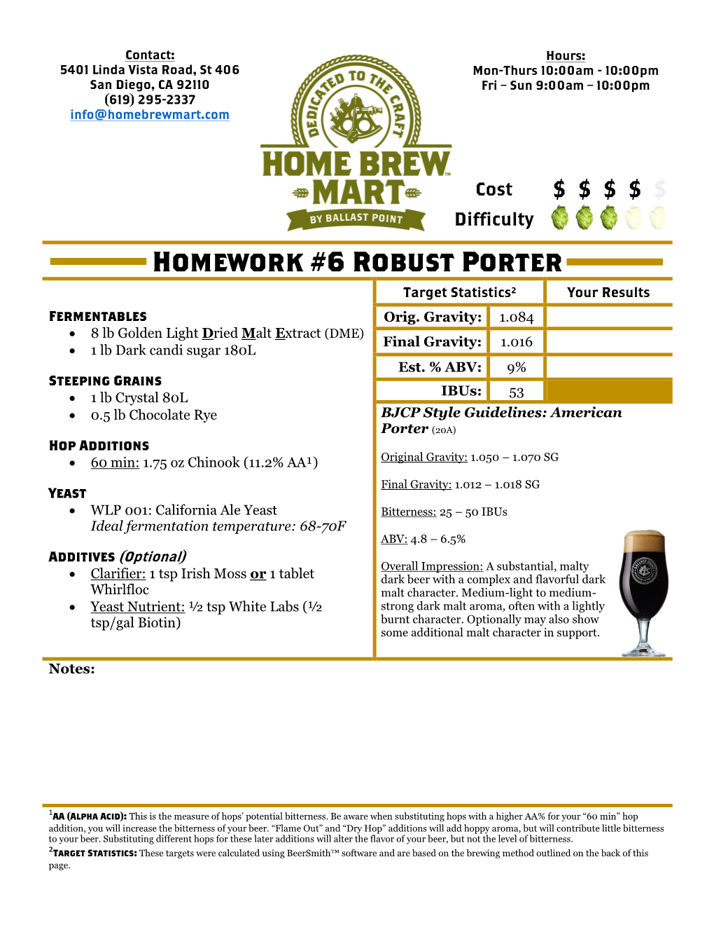 Homework #6 Robust Porter Target Statistics² Your Results Fermentables Orig