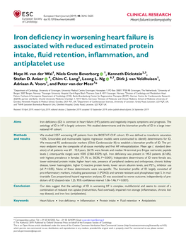 Iron Deficiency in Worsening Heart Failure Is Associated with Reduced Estimated Protein Intake, Fluid Retention, Inflammation, and Antiplatelet Use
