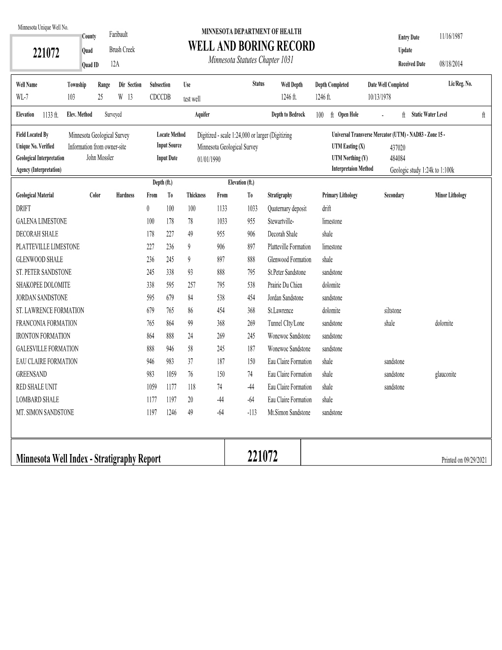 WELL and BORING RECORD 221072 Quad Brush Creek Update Quad ID 12A Minnesota Statutes Chapter 1031 Received Date 08/18/2014