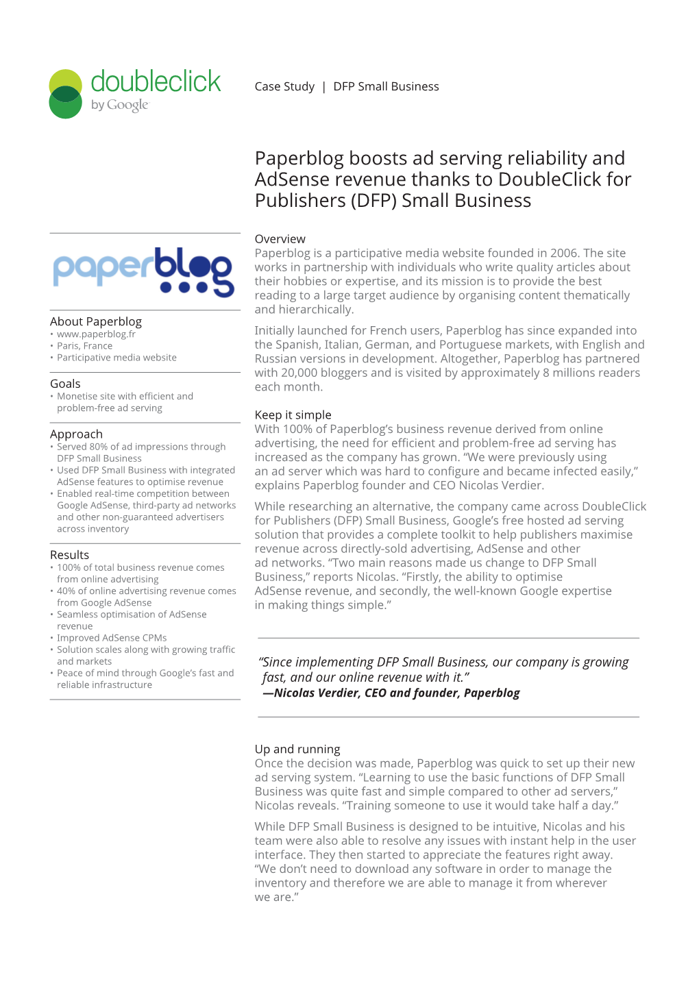 Paperblog Boosts Ad Serving Reliability and Adsense Revenue Thanks to Doubleclick for Publishers (DFP) Small Business