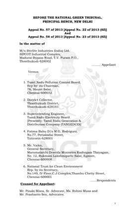BEFORE the NATIONAL GREEN TRIBUNAL, PRINCIPAL BENCH, NEW DELHI Appeal No. 57 of 2013