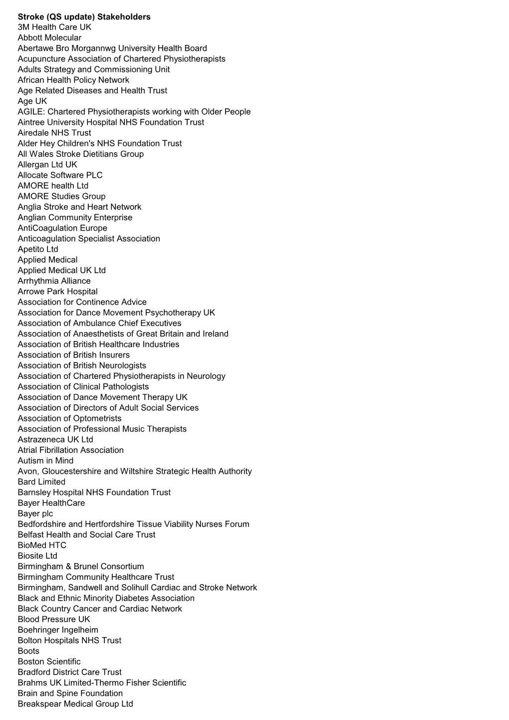 Stroke (QS Update) Stakeholders 3M Health Care UK Abbott Molecular