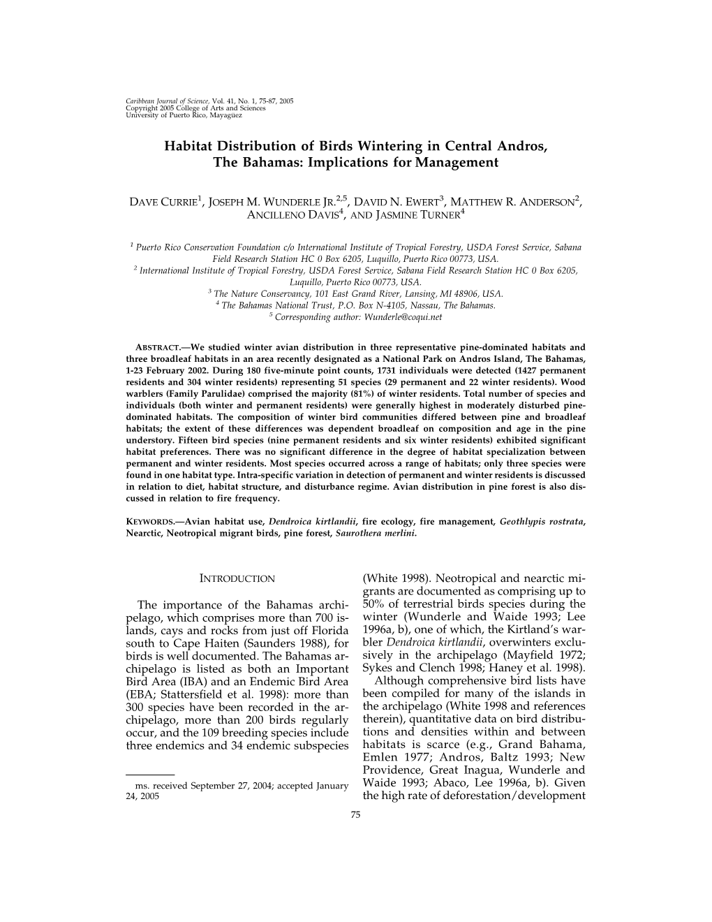 Habitat Distribution of Birds Wintering in Central Andros, the Bahamas: Implications for Management