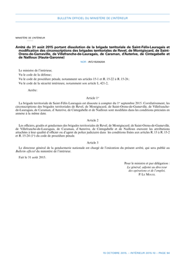 Arrêté Du 31 Août 2015 Portant Dissolution De La Brigade Territoriale